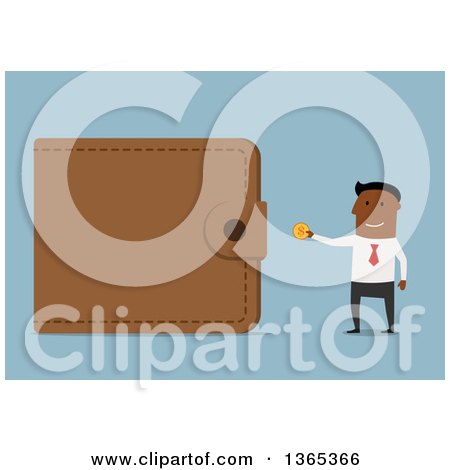 Clipart of a Flat Design Black Businessman Putting a Coin in a Giant Wallet, on Blue - Royalty Free Vector Illustration by Vector Tradition SM