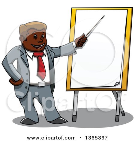 Clipart of a Cartoon Black Business Man Pointing to a Board - Royalty Free Vector Illustration by Vector Tradition SM