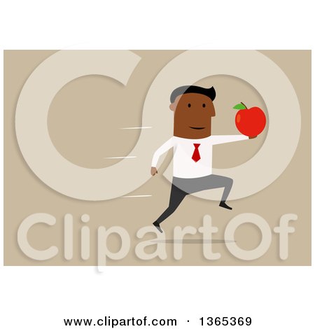 Clipart of a Flat Design Black Businessman Running with an Apple, on Tan - Royalty Free Vector Illustration by Vector Tradition SM