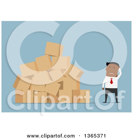 Clipart of a Flat Design Black Businessman with a Messy Stack of Boxes, on Blue - Royalty Free Vector Illustration by Vector Tradition SM