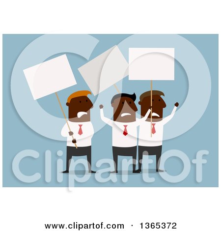 Clipart of Flat Design Black Businessmen on Strike, on Blue - Royalty Free Vector Illustration by Vector Tradition SM