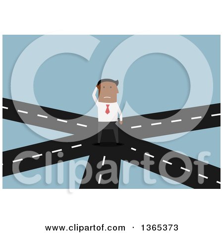 Clipart of a Flat Design Black Businessman Thinking on Cross Roads, on Blue - Royalty Free Vector Illustration by Vector Tradition SM