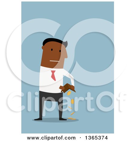Clipart of a Flat Design Black Businessman Pouring Coins from His Wallet, on Blue - Royalty Free Vector Illustration by Vector Tradition SM