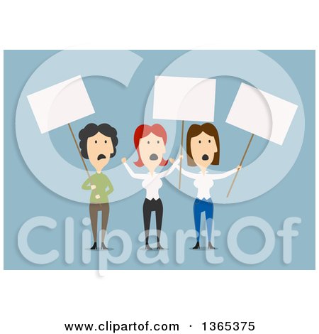 Clipart of Flat Design White Business Women on Strike, on Blue - Royalty Free Vector Illustration by Vector Tradition SM