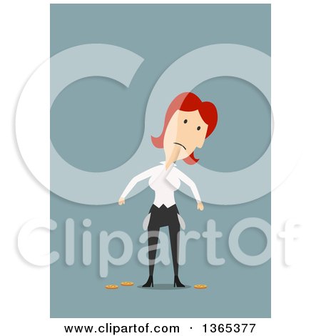 Clipart of a Flat Design White Businesswoman Turning out Her Pockets, on Blue - Royalty Free Vector Illustration by Vector Tradition SM