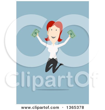 Clipart of a Flat Design White Businesswoman Holding Cash and Jumping, on Blue - Royalty Free Vector Illustration by Vector Tradition SM