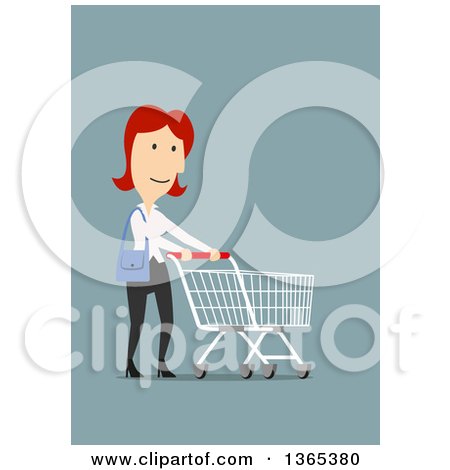 Clipart of a Flat Design White Businesswoman Shopping, on Blue - Royalty Free Vector Illustration by Vector Tradition SM