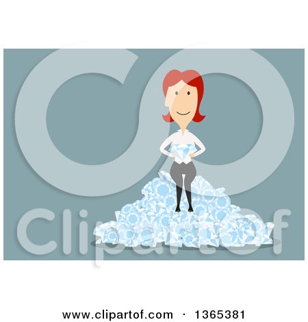 Clipart of a Flat Design White Businesswoman Holding and Sitting on Diamonds, on Blue - Royalty Free Vector Illustration by Vector Tradition SM