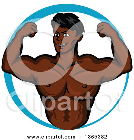 Clipart of a Cartoon Strong Black Male Bodybuilder Flexing His Muscles in a Blue Circle - Royalty Free Vector Illustration by Vector Tradition SM