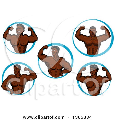 Clipart of Cartoon Strong Black Male Bodybuilders Flexing Muscles in Blue Circles - Royalty Free Vector Illustration by Vector Tradition SM