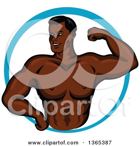 Clipart of a Cartoon Strong Black Male Bodybuilder Flexing His Muscles in a Blue Circle - Royalty Free Vector Illustration by Vector Tradition SM
