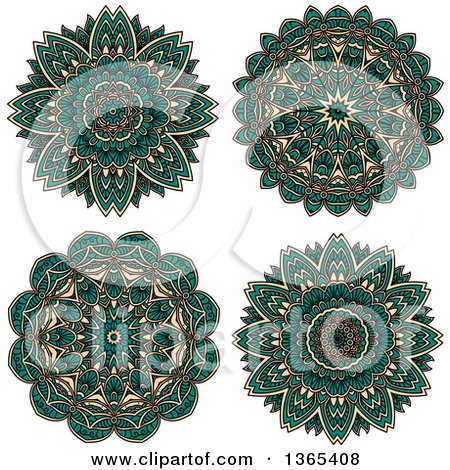 Clipart of Turquoise and Beige Kaleidoscope Flower Designs - Royalty Free Vector Illustration by Vector Tradition SM