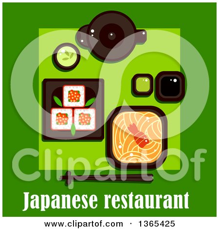 Clipart of a Bowl of Noodles with Shrimp, Maki Sushi, Red Caviar, Tea Pot and Cup with Green Tea, Wasabi and Soy Sauce over Japanese Restaurant Text on Green - Royalty Free Vector Illustration by Vector Tradition SM