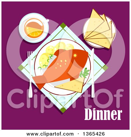Clipart of a Seafood Fish Plate with Bread and Tea - Royalty Free Vector Illustration by Vector Tradition SM