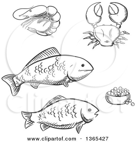 Clipart of Black and White Sketched Seafood Fish, Caviar, Crab and Shrimp - Royalty Free Vector Illustration by Vector Tradition SM