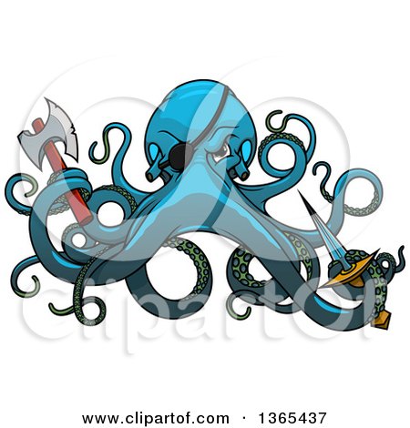 Clipart of a Blue Cartoon Pirate Octopus Holding a Knife and Axe - Royalty Free Vector Illustration by Vector Tradition SM