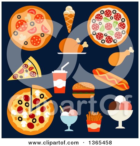 Clipart of Fast Foods on Navy Blue - Royalty Free Vector Illustration by Vector Tradition SM