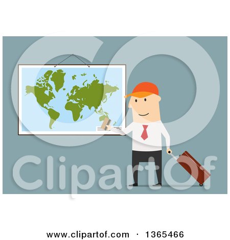 Clipart of a Flat Design Traveling White Businessman with a Credit Card, Map and Luggage, on Blue - Royalty Free Vector Illustration by Vector Tradition SM