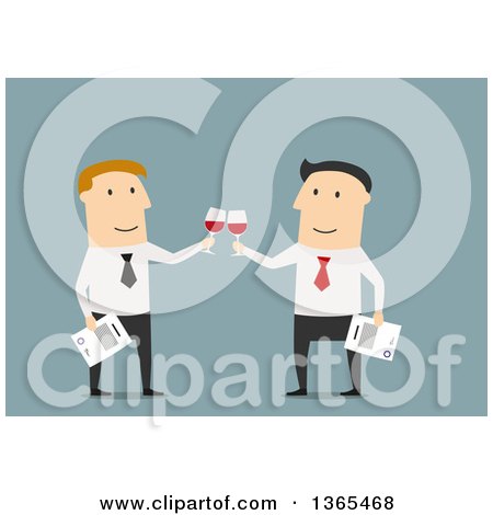 Clipart of Flat Design White Business Men Toasting, on Blue - Royalty Free Vector Illustration by Vector Tradition SM