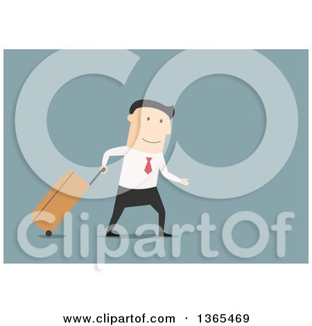 Clipart of a Flat Design White Businessman Walking with Rolling Luggage, on Blue - Royalty Free Vector Illustration by Vector Tradition SM