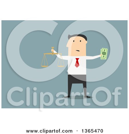 Clipart of a Flat Design White Businessman Holding Scales and Cash, on Blue - Royalty Free Vector Illustration by Vector Tradition SM