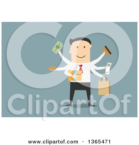 Clipart of a Flat Design White Businessman Shopping, on Blue - Royalty Free Vector Illustration by Vector Tradition SM