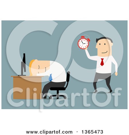 Clipart of a Flat Design White Businessman Sleeping at His Desk, His Boss About to Wake Him Up, on Blue - Royalty Free Vector Illustration by Vector Tradition SM