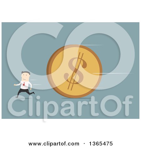 Clipart of a Flat Design White Businessman Running from a Giant Coin, on Blue - Royalty Free Vector Illustration by Vector Tradition SM