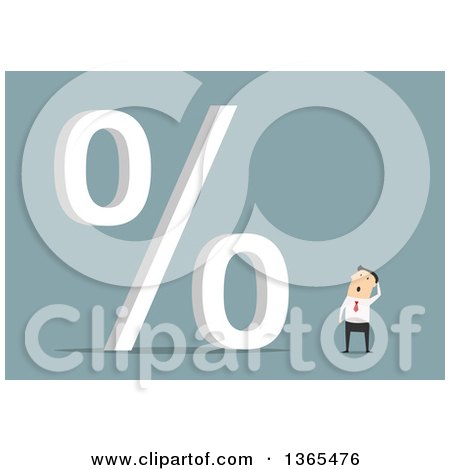 Clipart of a Flat Design White Businessman Looking at a Giant Percent Symbol, on Blue - Royalty Free Vector Illustration by Vector Tradition SM