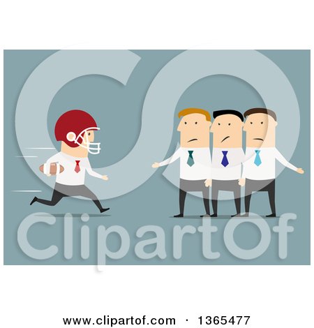 Clipart of a Flat Design White Businessman Football Player Running to a Team, on Blue - Royalty Free Vector Illustration by Vector Tradition SM