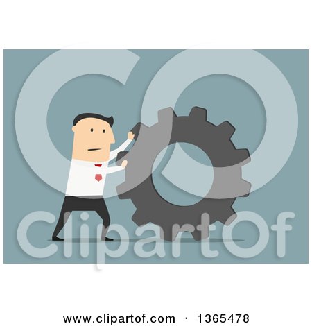 Clipart of a Flat Design White Businessman Pushing a Gear, on Blue - Royalty Free Vector Illustration by Vector Tradition SM