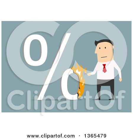 Clipart of a Flat Design White Businessman Setting a Percent Symbol on Fire, on Blue - Royalty Free Vector Illustration by Vector Tradition SM