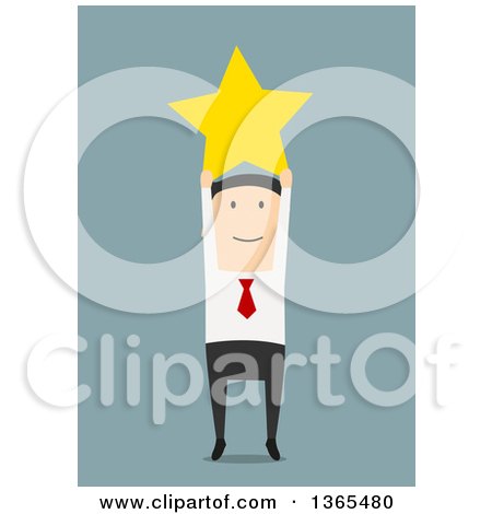 Clipart of a Flat Design White Businessman Holding up a Star, on Blue - Royalty Free Vector Illustration by Vector Tradition SM