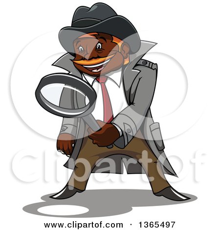 Clipart of a Cartoon Black Male Detective Searching with a Magnifying Glass - Royalty Free Vector Illustration by Vector Tradition SM