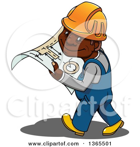 Clipart of a Cartoon Happy Black Male Construction Worker Walking with Plans - Royalty Free Vector Illustration by Vector Tradition SM
