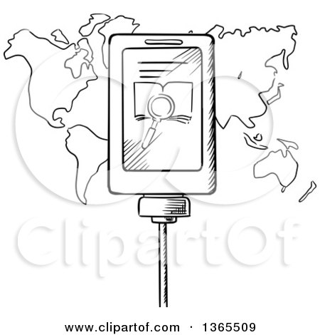 Clipart of a Black and White Sketched Plugged in Cell Phone Searching over a Map - Royalty Free Vector Illustration by Vector Tradition SM