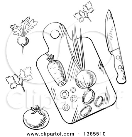 Clipart of a Black and White Sketched Cutting Board and Veggies - Royalty Free Vector Illustration by Vector Tradition SM