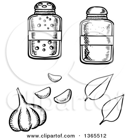 Clipart of a Black and White Sketched Garlic Bulb, Basil Leaves, Salt and Pepper Shakers - Royalty Free Vector Illustration by Vector Tradition SM