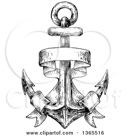 Clipart of a Black and White Sketched Anchor with a Ribbon Banner - Royalty Free Vector Illustration by Vector Tradition SM