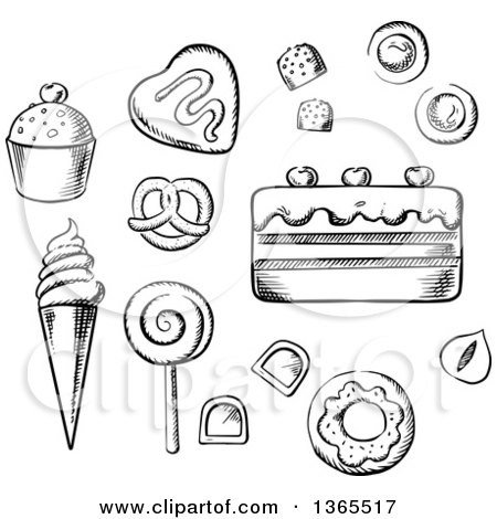 Clipart of Black and White Sketched Candy and Sweets - Royalty Free Vector Illustration by Vector Tradition SM