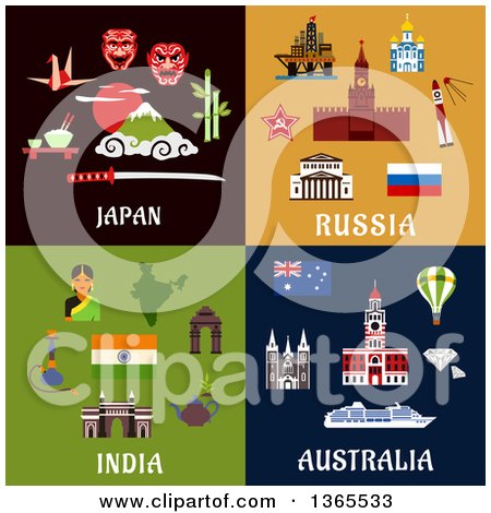 Clipart of Japan, Russia, India and Australia Designs - Royalty Free Vector Illustration by Vector Tradition SM