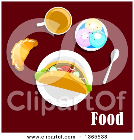 Clipart of a Taco, Cappuccino, Croissant and Ice Cream Sundae with Food Text on Brown - Royalty Free Vector Illustration by Vector Tradition SM
