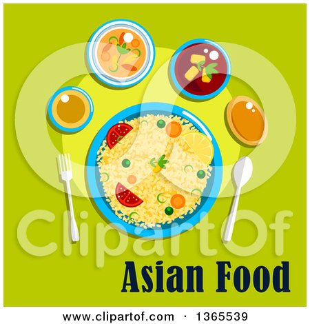 Clipart of a Bowl of Rice, Vegetables and Spices, over Asian Food Text on Green - Royalty Free Vector Illustration by Vector Tradition SM