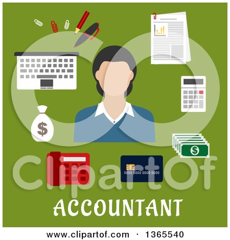 Clipart of a Flat Design Faceless Accountant Woman with Accessories over Text on Green - Royalty Free Vector Illustration by Vector Tradition SM