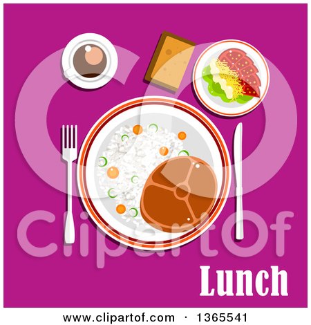 Clipart of a Beef Steak, Rice and Vegetables, Tomato Salad with Cheese, Cup of Coffee and Bread over Lunch Text on Pink - Royalty Free Vector Illustration by Vector Tradition SM