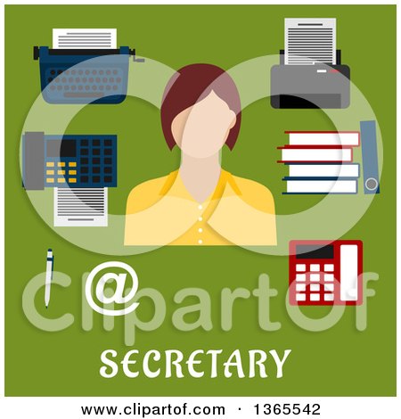 Clipart of a Flat Design Faceless Secretary Woman with Accessories over Text on Green - Royalty Free Vector Illustration by Vector Tradition SM