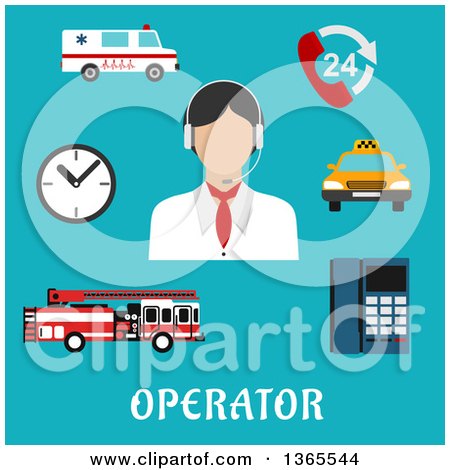 Clipart of a Flat Design Faceless Emergency Operator with Accessories over Text on Blue - Royalty Free Vector Illustration by Vector Tradition SM