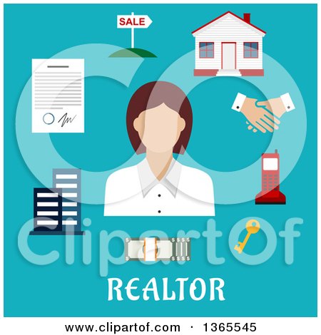 Clipart of a Flat Design Faceless Realtor Woman with Accessories over Text on Blue - Royalty Free Vector Illustration by Vector Tradition SM