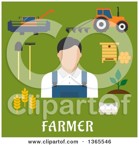 Clipart of a Flat Design Faceless Male Farmer with Accessories over Text on Green - Royalty Free Vector Illustration by Vector Tradition SM