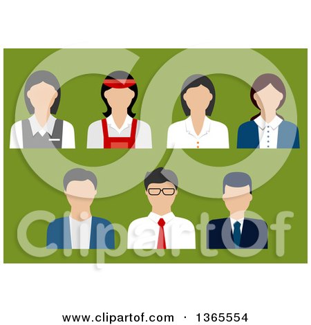 Clipart of Flat Design Faceless Business Man, Banker, Sales Manager, Store Cashier, Bank Manager and Shop Assistant Avatars on Green - Royalty Free Vector Illustration by Vector Tradition SM